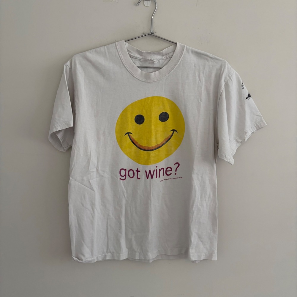 Vintage 1999 Chris's Stuff Got Wine Smiley Face Graphic T-Shirt White Large